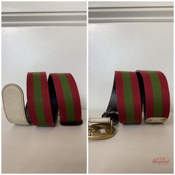 Authentic Gucci Red/Green Web Leather Gold Interlocking G Buckle Belt 85/34 - Picture 9 of 13